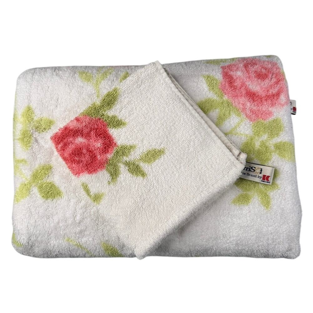 Vintage TerriSol Brazil Bath Towel w/Washcloth Set Pink Roses Shabby Chic Floral